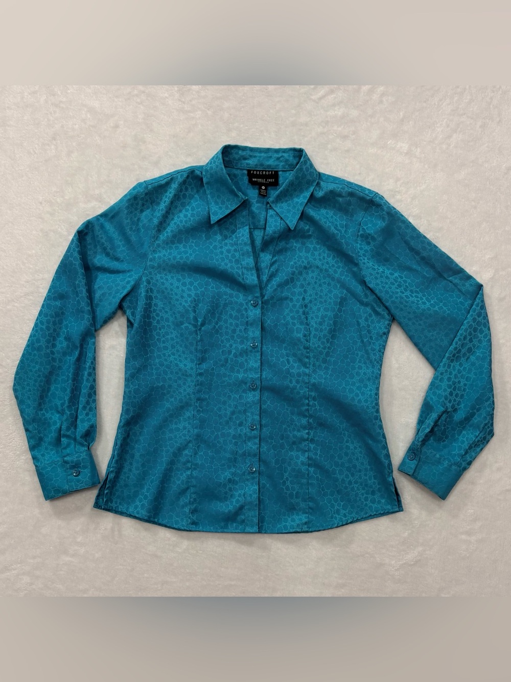 Foxcroft Wrinkle Fitted Fit  Teal Cotton Button Up Blouse Women’s size 8P Petite